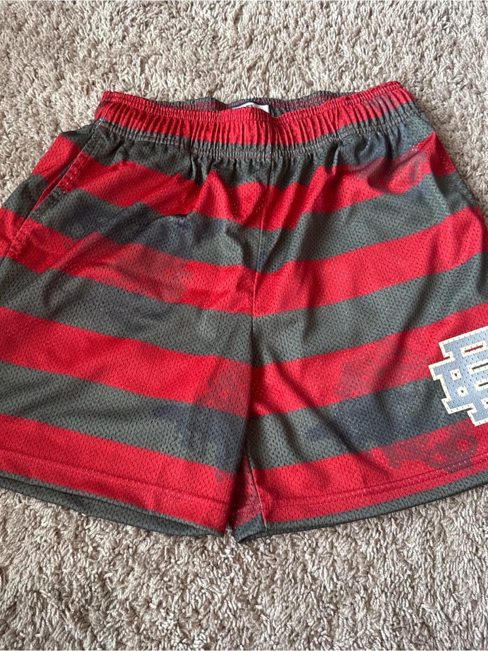 Eric Emanuel Men's Red and Gray Striped Athletic Mesh Shorts
